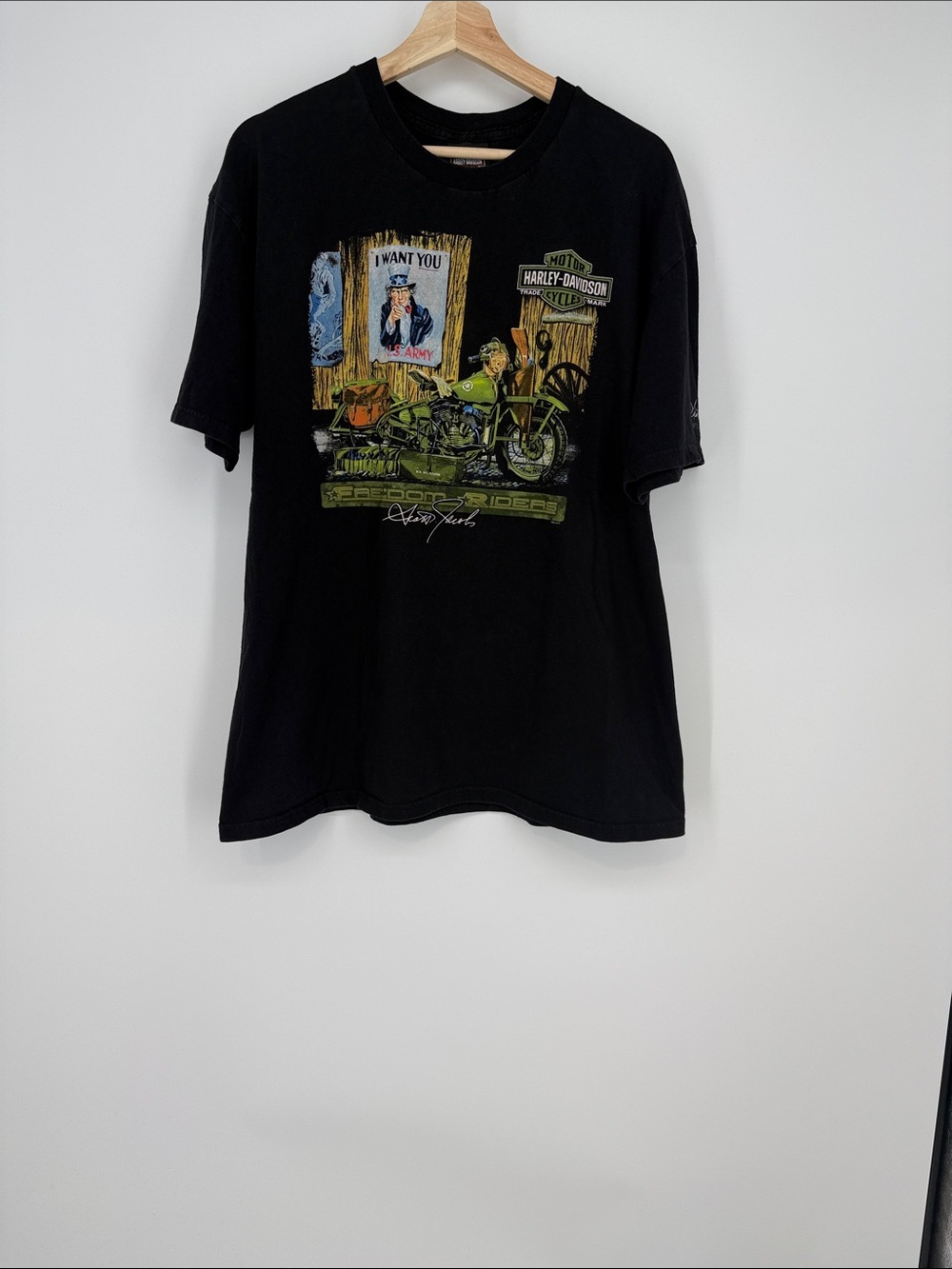 Harley-Davidson Black Tee with Green and Tan Motorcycle Graphic